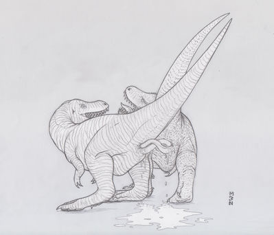 Male Tyrannosaurs Mating
art by zw3
Keywords: dinosaur;theropod;tyrannosaurus_rex;trex;male;feral;M/M;penis;anal;double_penetration;spooge;zw3