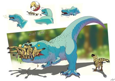 Rex and Raptors
art by zw3
Keywords: dinosaur;theropod;raptor;deinonychus;tyrannosaurus_rex;trex;male;female;feral;solo;penis;suggestive;humor;zw3
