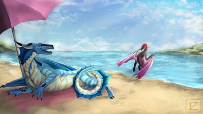 Cypress Beach Day (Wings_of_Fire)
art by zweikopfeinhorn
Keywords: wings_of_fire;seawing;mudwing;hybrid;dragon;male;feral;solo;non-adult;beach;zweikopfeinhorn
