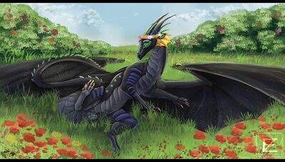 Flower Crown (Wings_of_Fire)
art by zweikopfeinhorn
Keywords: wings_of_fire;nightwing;rainwing;hybrid;dragoness;female;feral;solo;vagina;presenting;zweikopfeinhorn