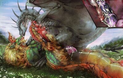 Toril x Kaine
art by zweikopfeinhorn
Keywords: videogame;monster_hunter;dragon;zinogre;male;feral;M/M;penis;cowgirl;docking;internal;spooge;zweikopfeinhorn