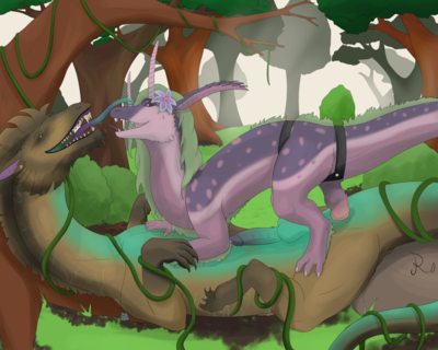 Forest Pegging
Commissioned piece for fyirish on FA
Keywords: dragon;dragoness;male;female;feral;M/F;penis;missionary;dildo;masturbation;strapon;anal;Loves_Remorse