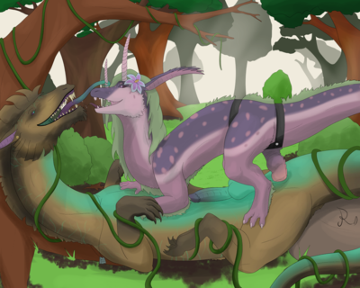 Forest Pegging
Commissioned piece for fyirish on FA
Keywords: dragon;dragoness;male;female;feral;M/F;penis;missionary;dildo;masturbation;strapon;anal;Loves_Remorse