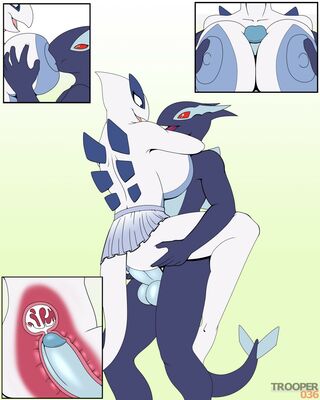 Shadow Lugia x Lugia 
art by Trooper036
Keywords: anime;pokemon;avian;bird;lugia;shadow_lugia;male;female;anthro;M/F;penis;apron;vaginal_penetration;closeup;spooge;Trooper036