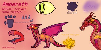 Ambereth/Embereth Reference (Wings_of_Fire)
art by frostyflakes
Keywords: wings_of_fire;skywing;rainwing;hybrid;dragoness;female;feral;solo;referene;non-adult;frostyflakes