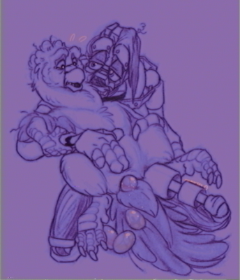 Eggies
art by mimicsex
Keywords: videogame;avian;bird;goose;anthro;cloaca;oviposition;egg;M/F;five_nights_at_freddys:mimic;mimicsex
